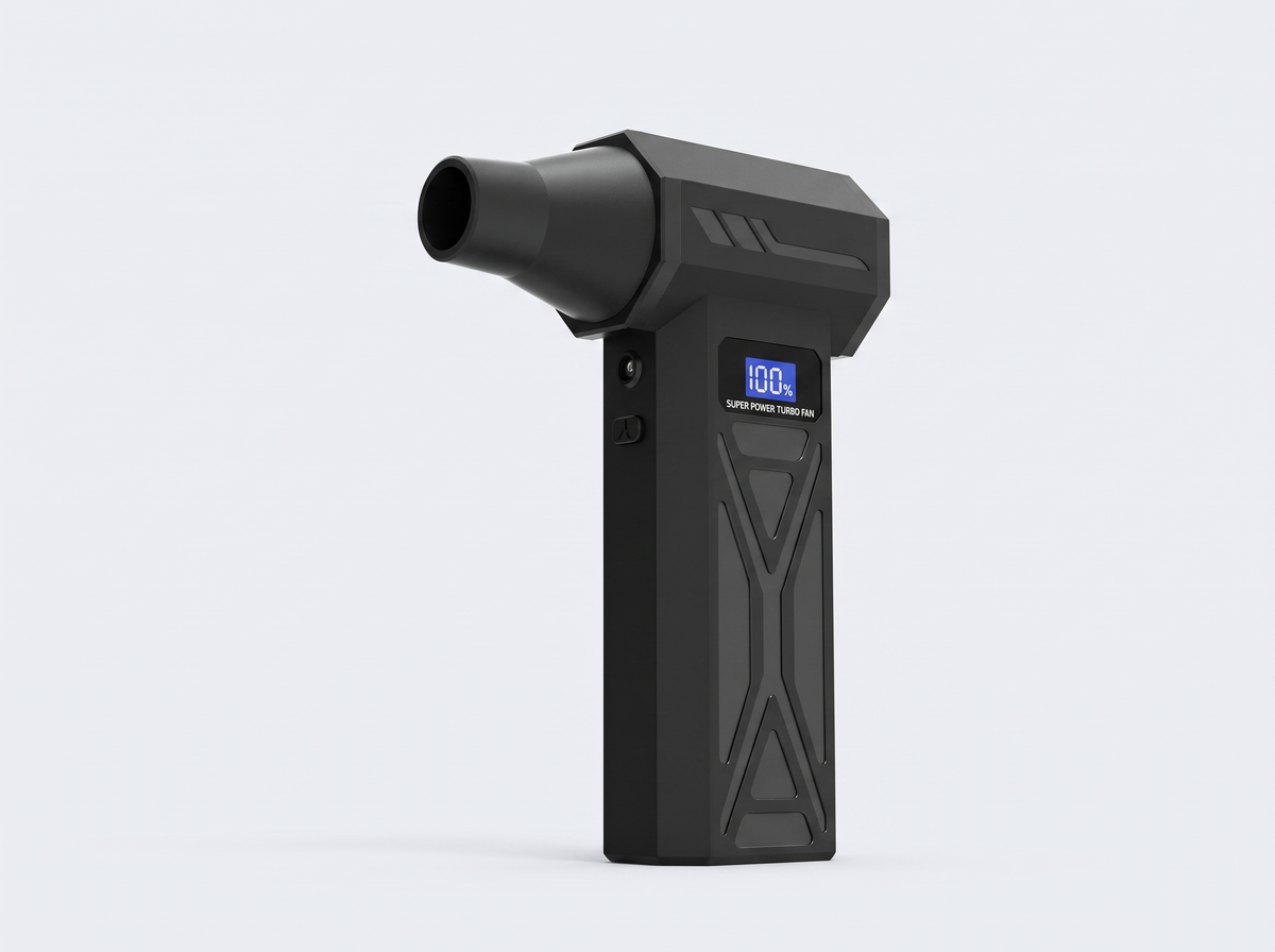 Black handheld blower with a small display screen, standing upright on a light grey background