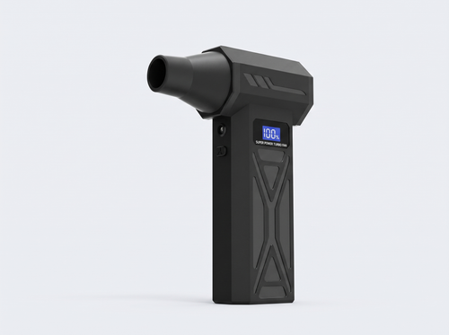 Black handheld blower with a small display screen, standing upright on a light grey background