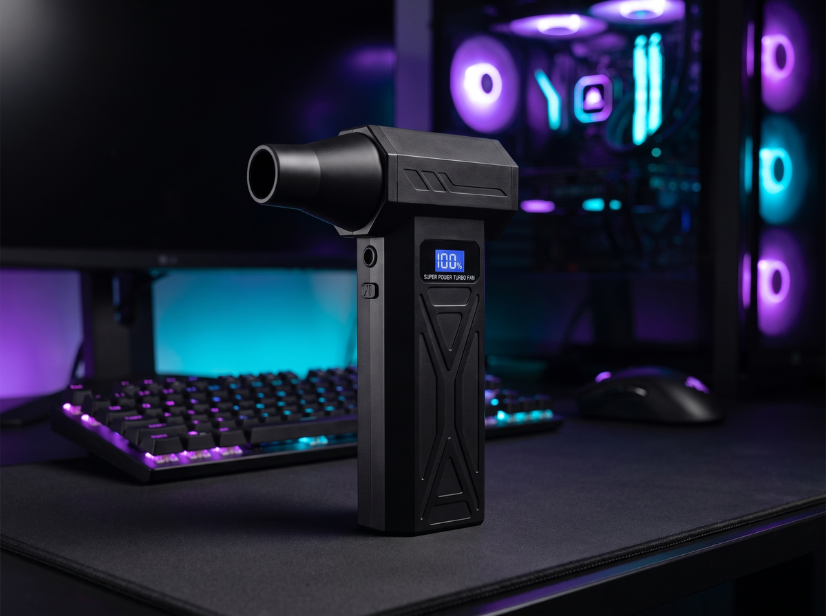 Handheld blower standing on a desk mat in front of an RGB gaming keyboard and PC
